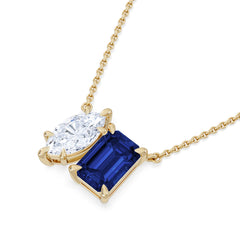 Toi Et Moi 1.50ct Marquise Lab Diamond and 2.50ct Emerald Cut Lab Sapphire Necklace in 18K Yellow Gold