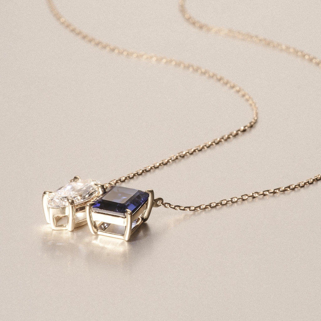 Toi Et Moi 1.50ct Marquise Lab Diamond and 2.50ct Emerald Cut Lab Sapphire Necklace in 18K Yellow Gold