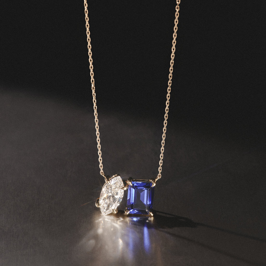 Toi Et Moi 1.50ct Marquise Lab Diamond and 2.50ct Emerald Cut Lab Sapphire Necklace in 18K Yellow Gold