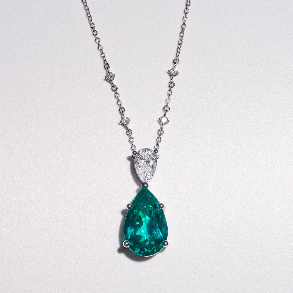 7.00ct Pear Cut Lab Paraíba YAG Solitaire Necklace in 14K White Gold