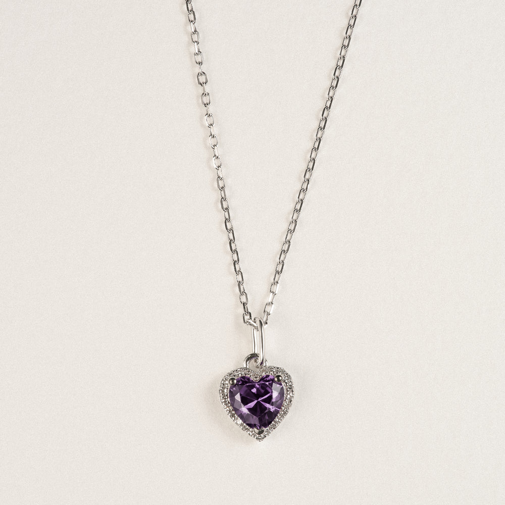Stellato 0.78ct Heart Cut Lab Amethyst Halo Pendant Necklace in Sterling Silver