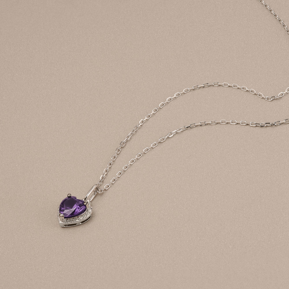 Stellato 0.78ct Heart Cut Lab Amethyst Halo Pendant Necklace in Sterling Silver