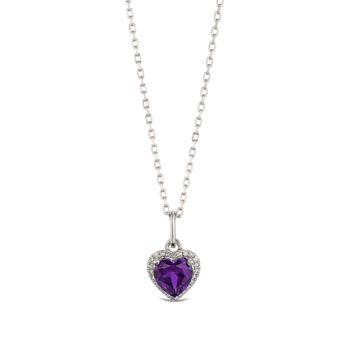 Stellato 0.78ct Heart Cut Lab Amethyst Halo Pendant Necklace in Sterling Silver