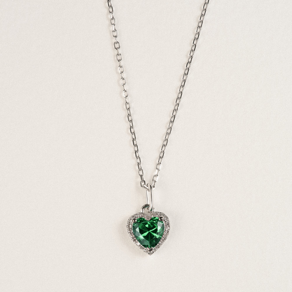 Stellato 0.70ct Heart Cut Lab Emerald Halo Pendant Necklace in Sterling Silver