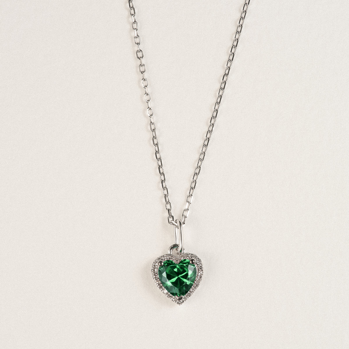 Stellato 0.70ct Heart Cut Lab Emerald Halo Pendant Necklace in Sterling Silver