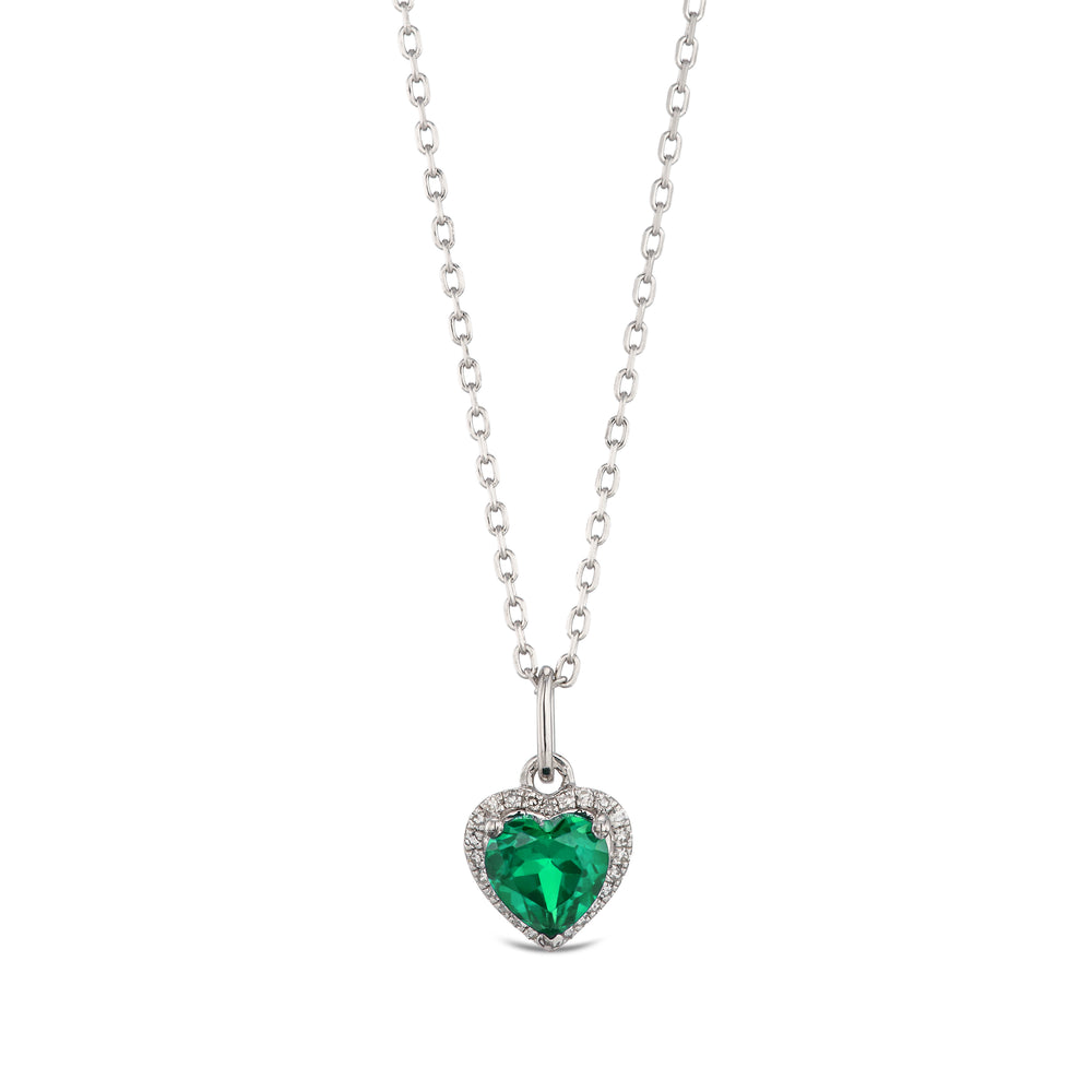 Stellato 0.70ct Heart Cut Lab Emerald Halo Pendant Necklace in Sterling Silver