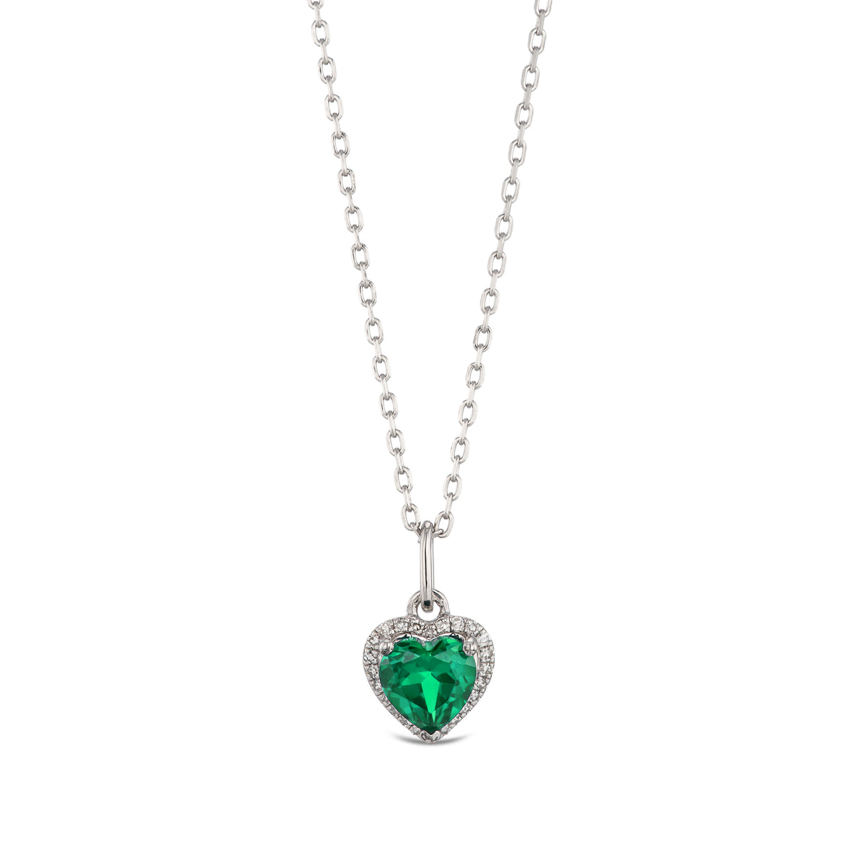 Stellato 0.70ct Heart Cut Lab Emerald Halo Pendant Necklace in Sterling Silver