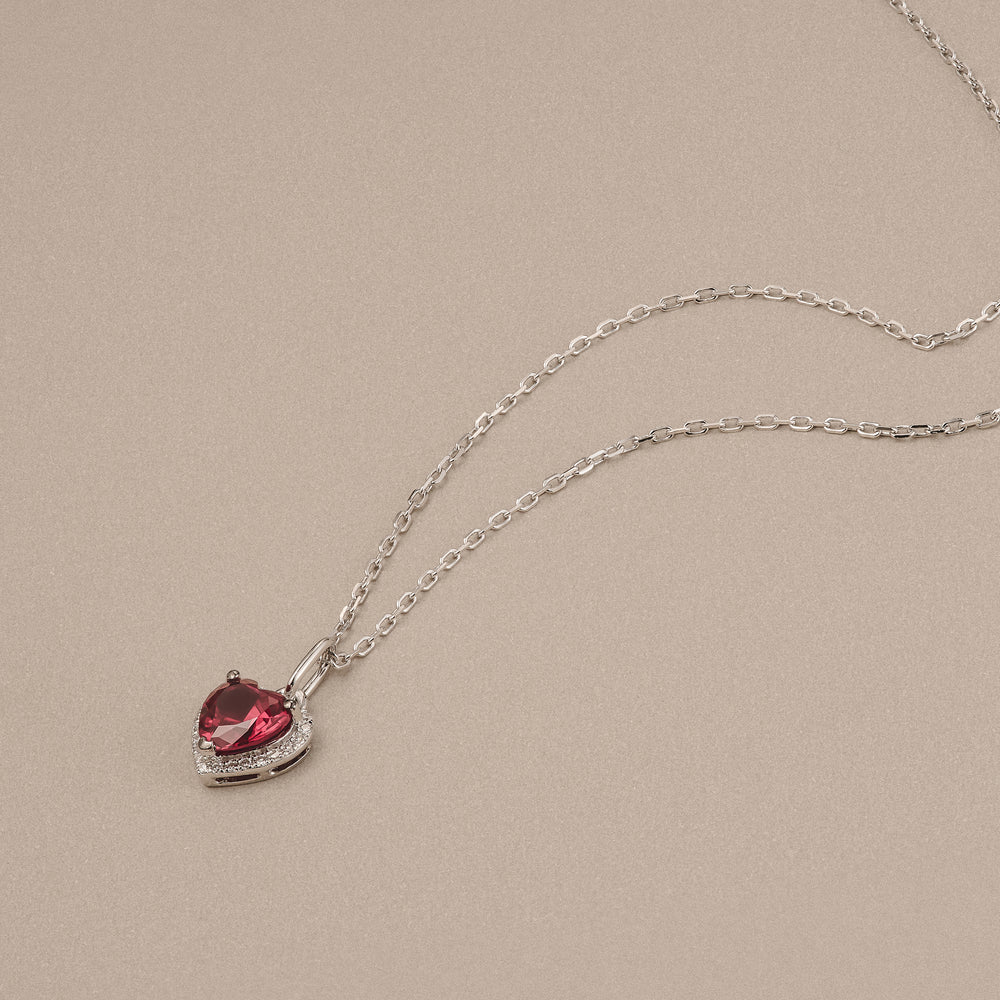 Stellato 0.95ct Heart Cut Lab Ruby Halo Pendant Necklace in Sterling Silver