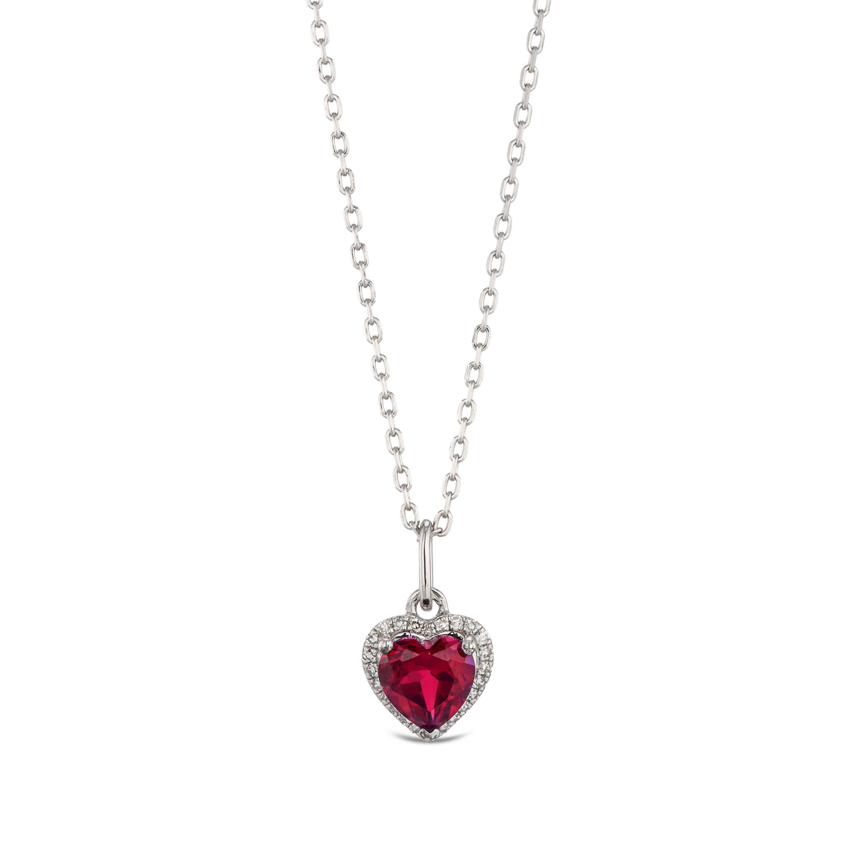 Stellato 0.95ct Heart Cut Lab Ruby Halo Pendant Necklace in Sterling Silver