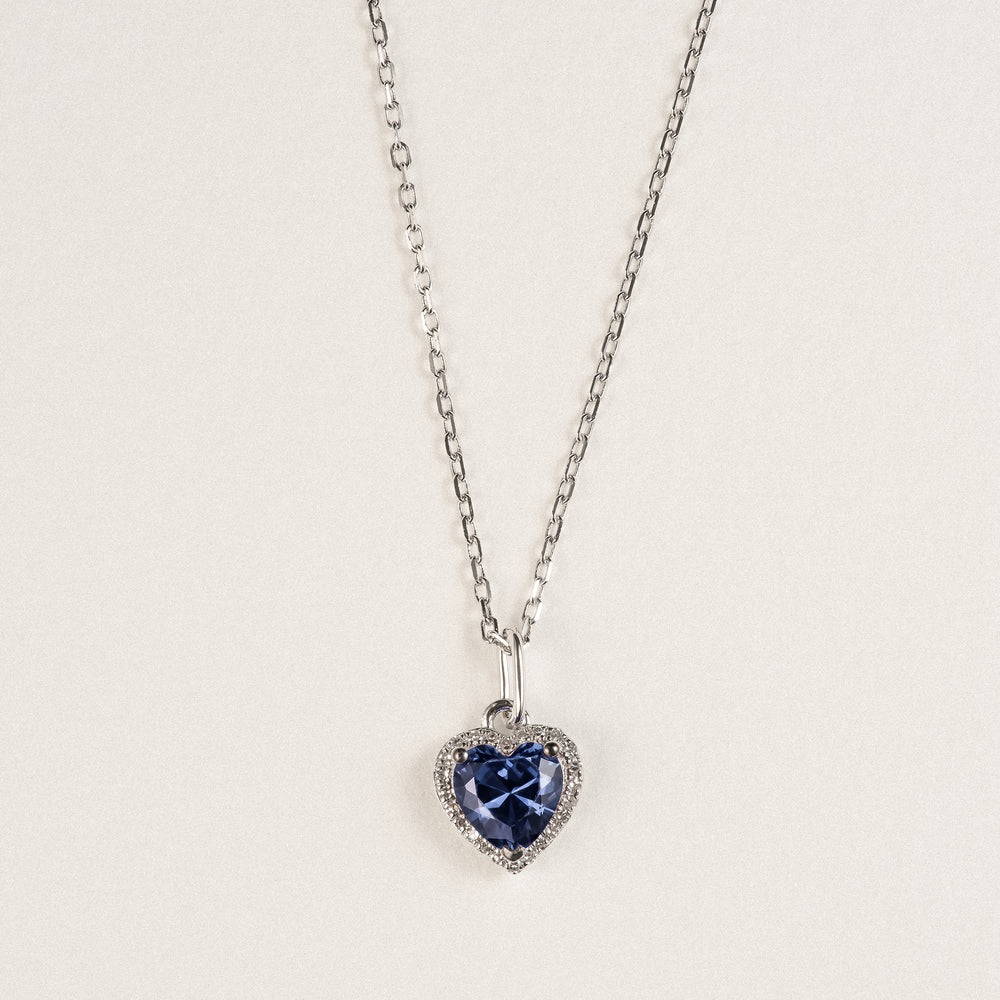 Stellato 1.00ct Heart Cut Lab Sapphire Halo Pendant Necklace in Sterling Silver