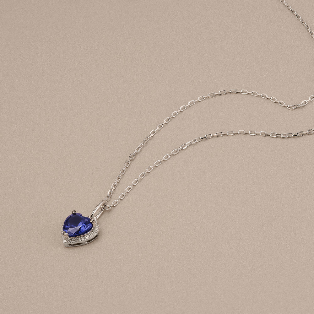 Stellato 1.00ct Heart Cut Lab Sapphire Halo Pendant Necklace in Sterling Silver