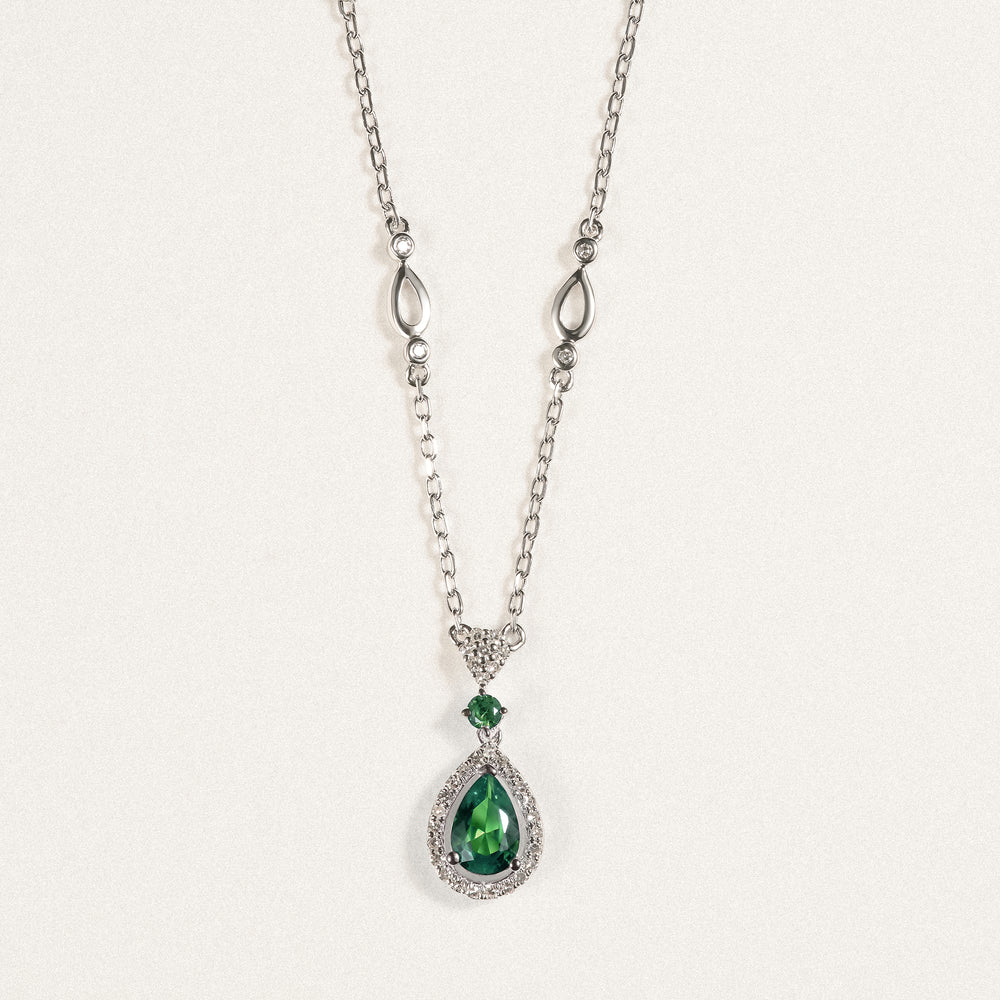Stellato 0.33ct Pear Cut Lab Emerald Halo Pendant Necklace in Sterling Silver