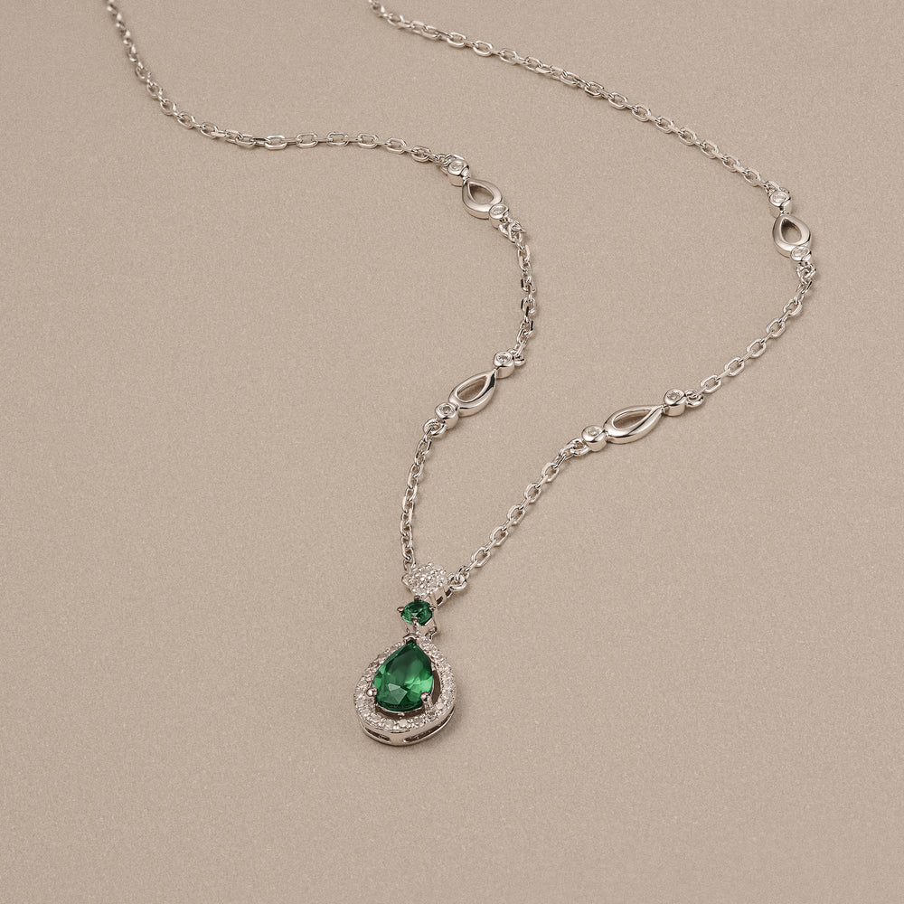 Stellato 0.33ct Pear Cut Lab Emerald Halo Pendant Necklace in Sterling Silver