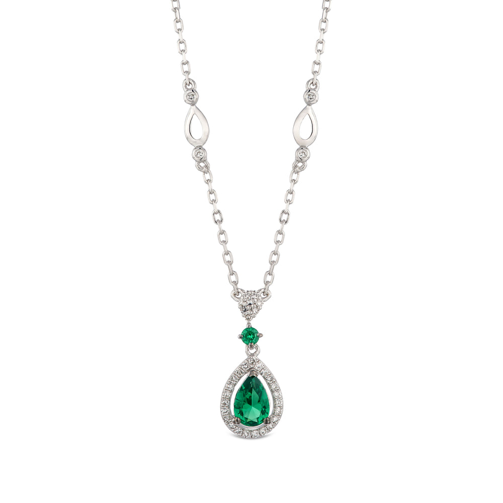 Stellato 0.33ct Pear Cut Lab Emerald Halo Pendant Necklace in Sterling Silver