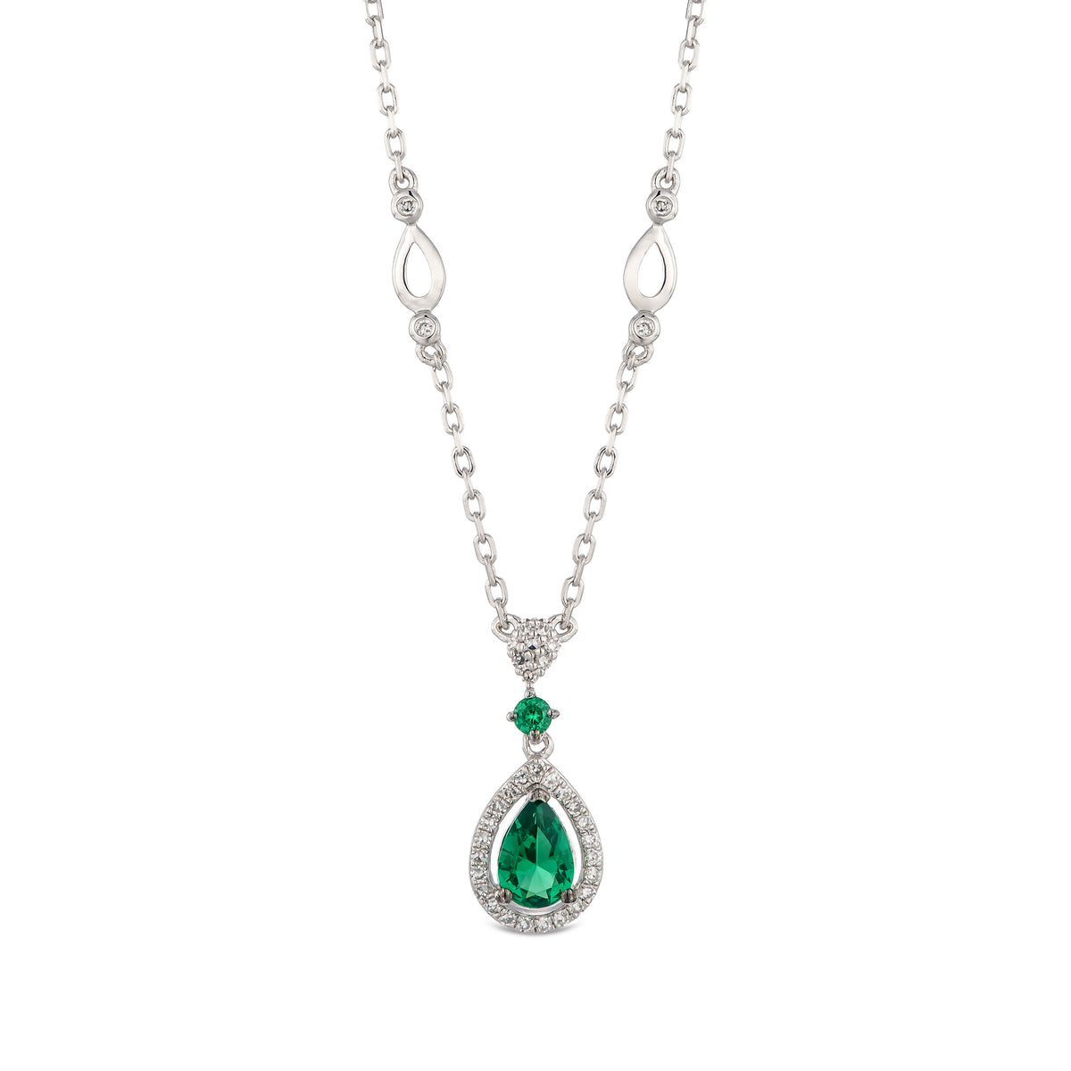 Stellato 0.33ct Pear Cut Lab Emerald Halo Pendant Necklace in Sterling Silver