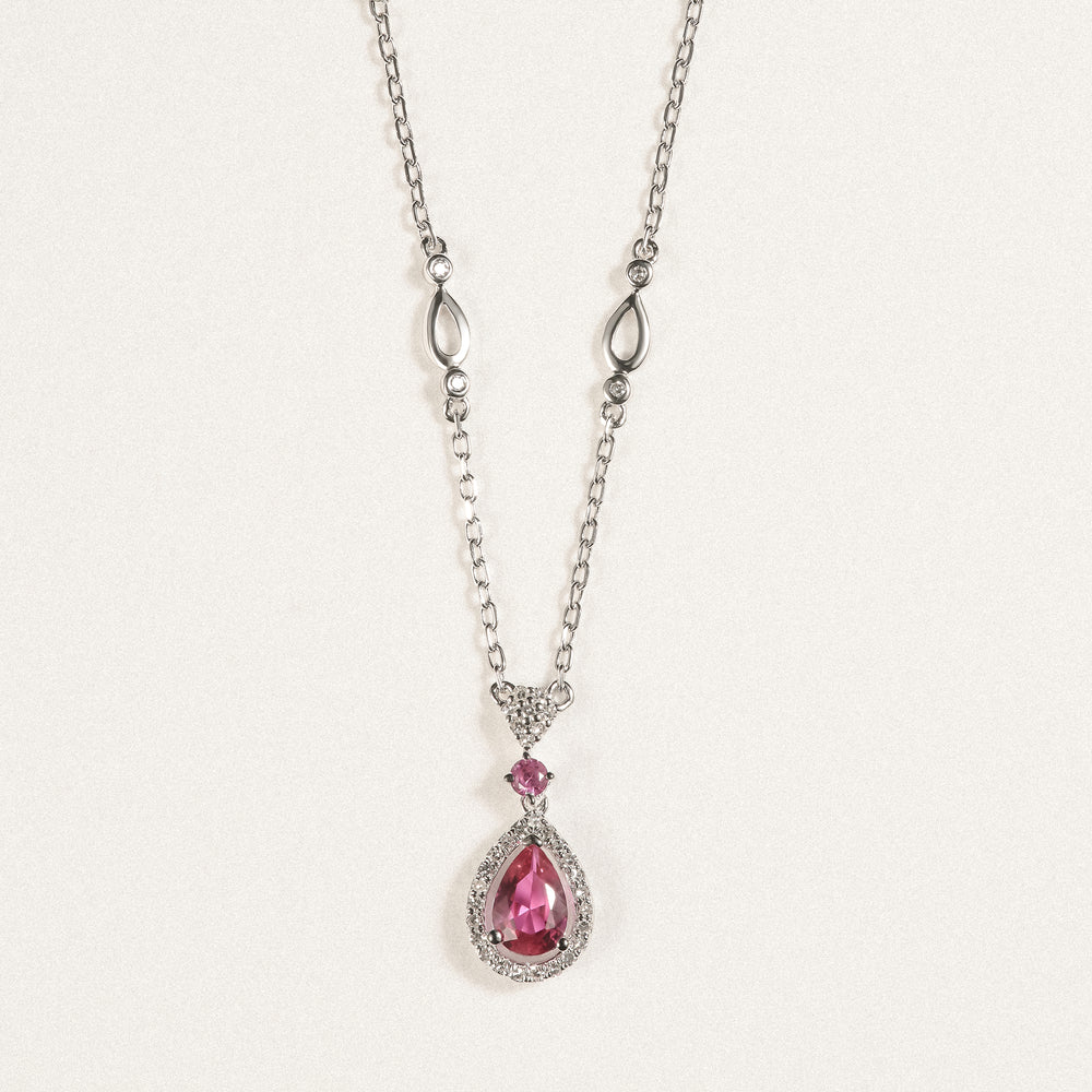 Stellato 0.50ct Pear Cut Lab Ruby Halo Pendant Necklace in Sterling Silver