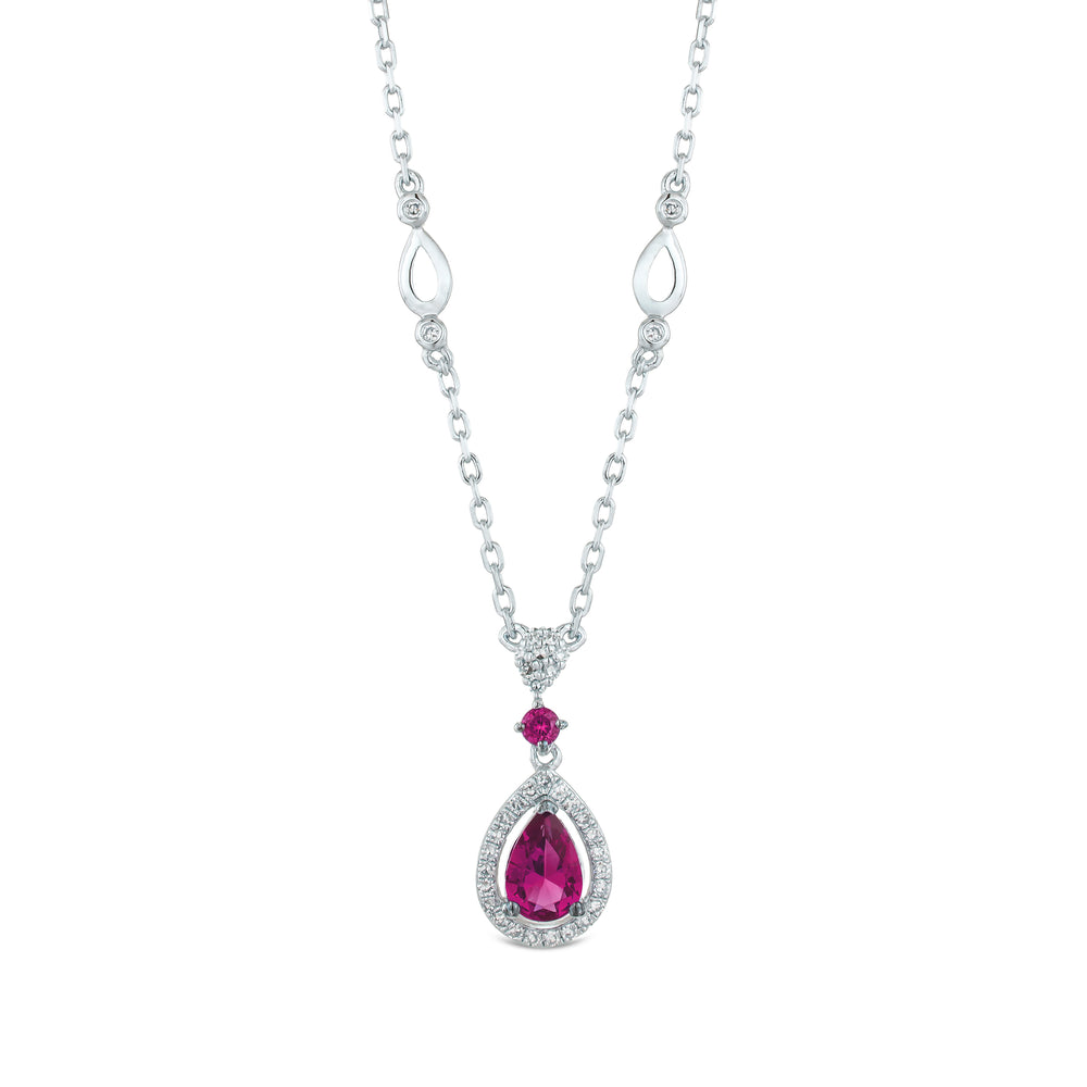 Stellato 0.50ct Pear Cut Lab Ruby Halo Pendant Necklace in Sterling Silver
