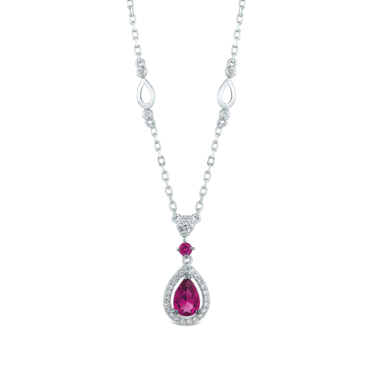 Stellato 0.50ct Pear Cut Lab Ruby Halo Pendant Necklace in Sterling Silver