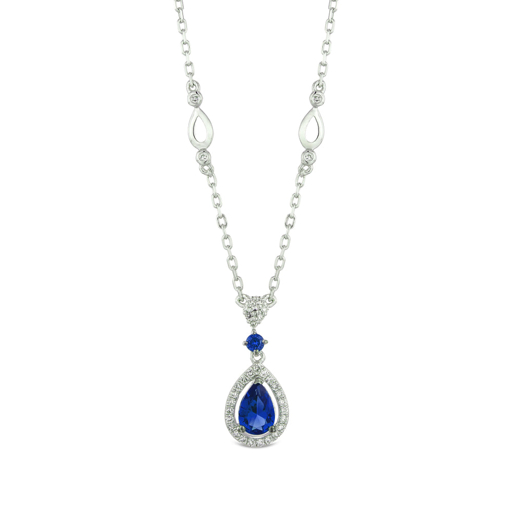 Stellato 0.60ct Pear Cut Lab Sapphire Halo Pendant Necklace in Sterling Silver