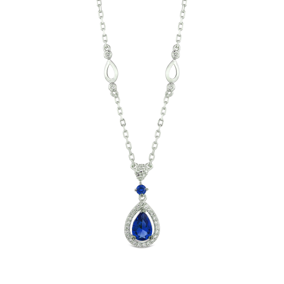 Stellato 0.60ct Pear Cut Lab Sapphire Halo Pendant Necklace in Sterling Silver