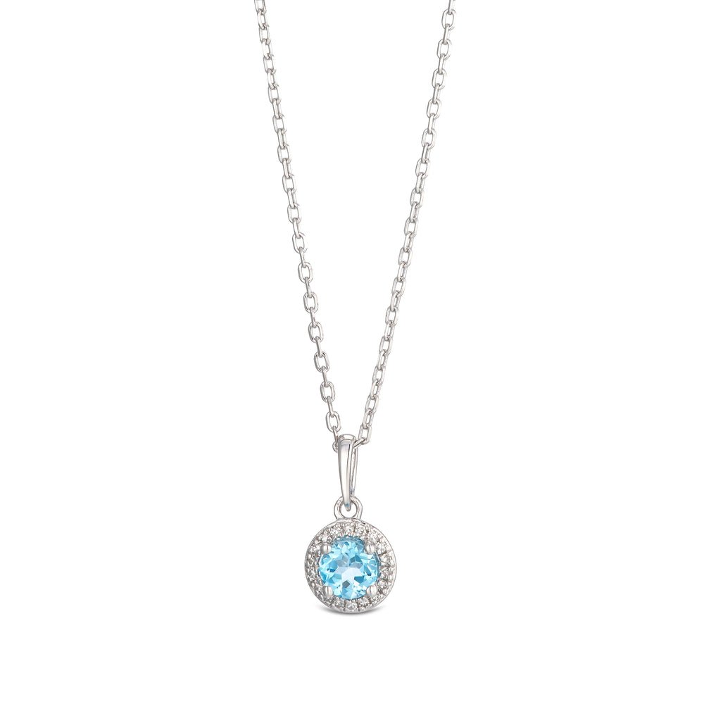 Stellato 0.40ct Round Cut Blue Topaz and Lab Diamond Halo Pendant Necklace in Sterling Silver