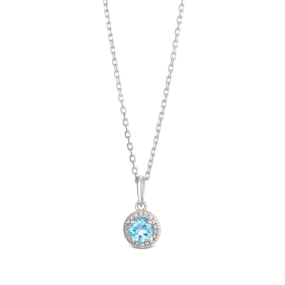 Stellato 0.40ct Round Cut Blue Topaz and Lab Diamond Halo Pendant Necklace in Sterling Silver