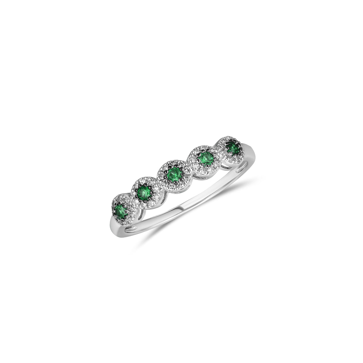 Stellato 0.14ct Round Cut Lab Emerald Halo Half Eternity Ring in Sterling Silver