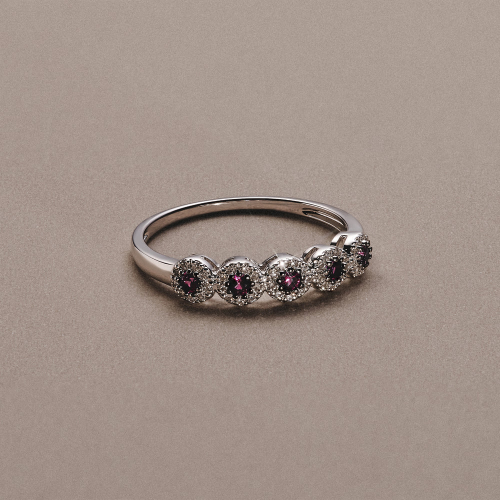 Stellato 0.20ct Round Cut Lab Ruby Halo Half Eternity Ring in Sterling Silver