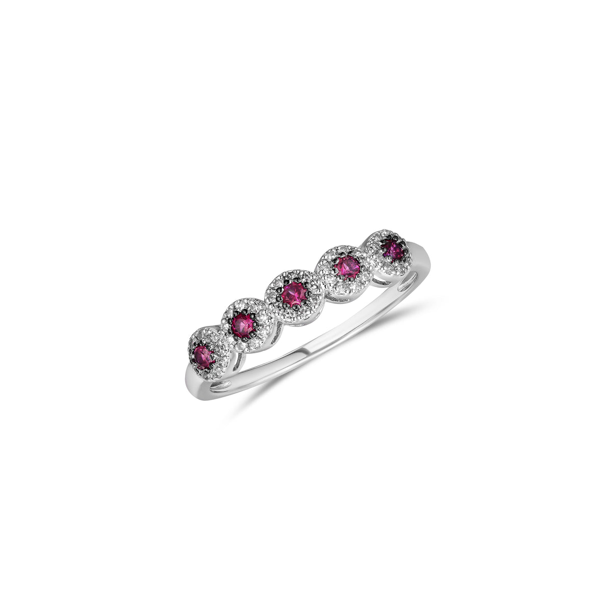 Stellato 0.20ct Round Cut Lab Ruby Halo Half Eternity Ring in Sterling Silver