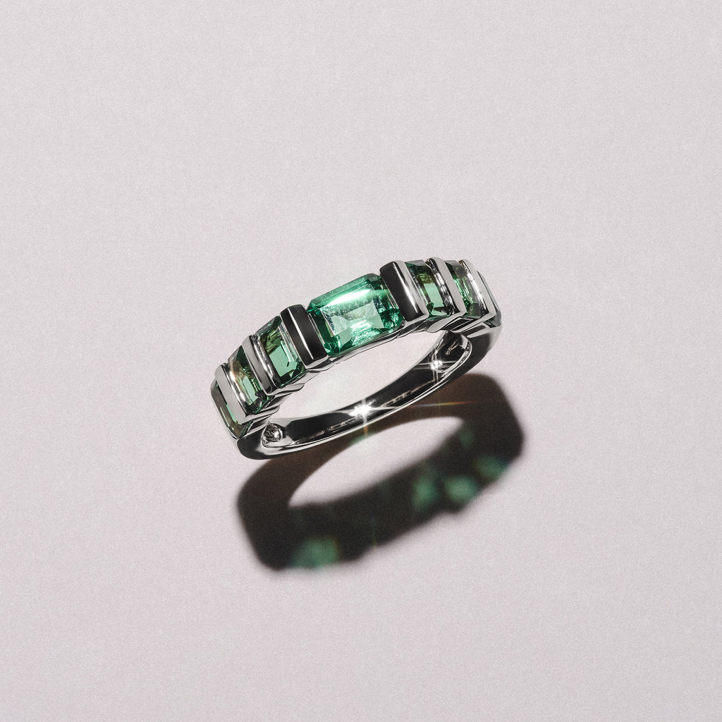 Vertex 2.33ct Emerald Cut Lab Emerald Men's Eternity Ring in Sterling Silver