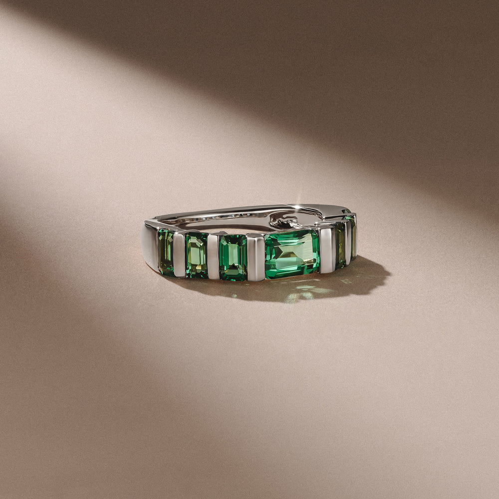 Vertex 2.33ct Emerald Cut Lab Emerald Men's Eternity Ring in Sterling Silver