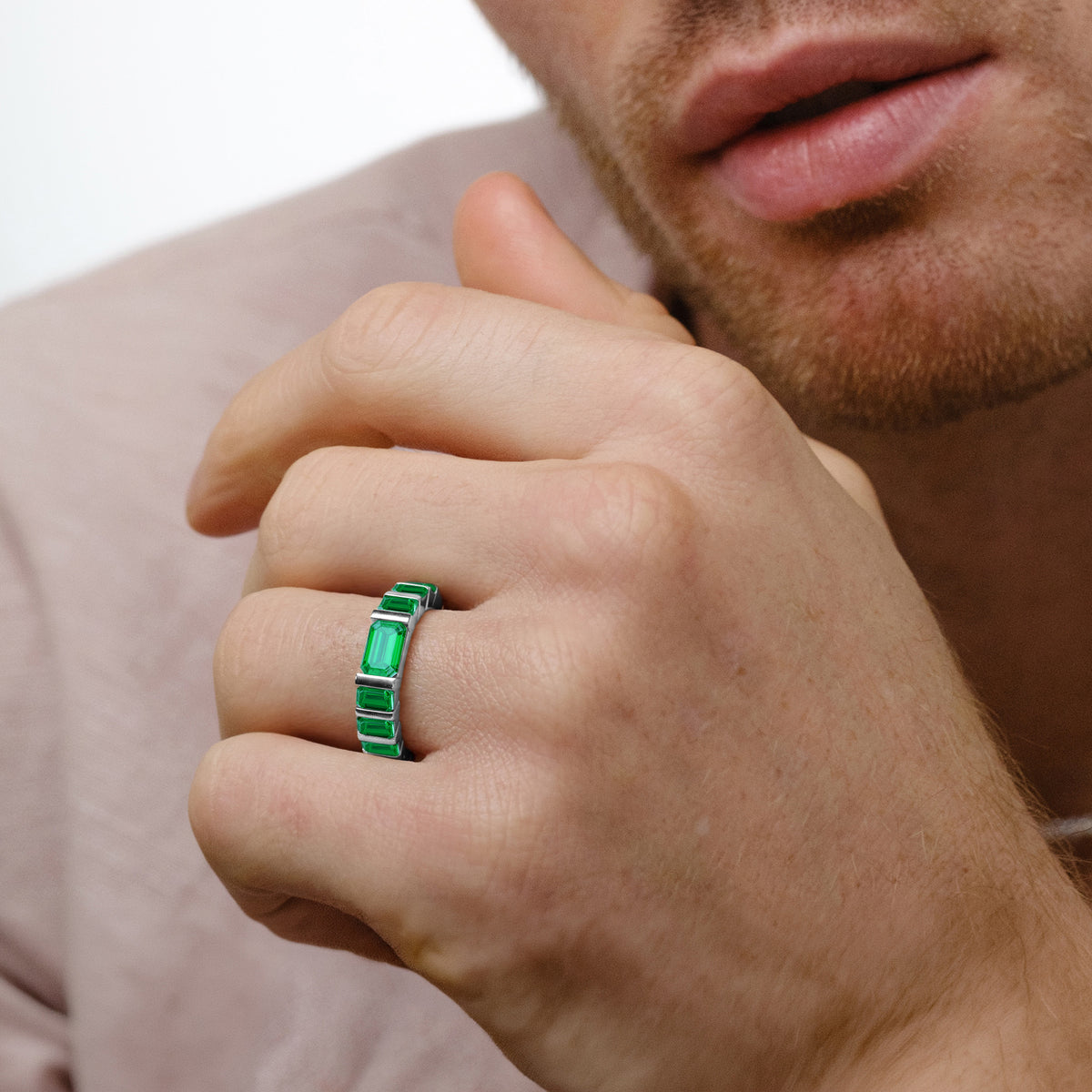 Vertex 2.33ct Emerald Cut Lab Emerald Men's Eternity Ring in Sterling Silver