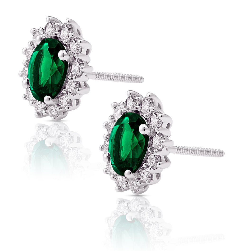 Lab Emerald 7 x 5mm and Lab Diamond Cluster Earrings in 18K White Gold