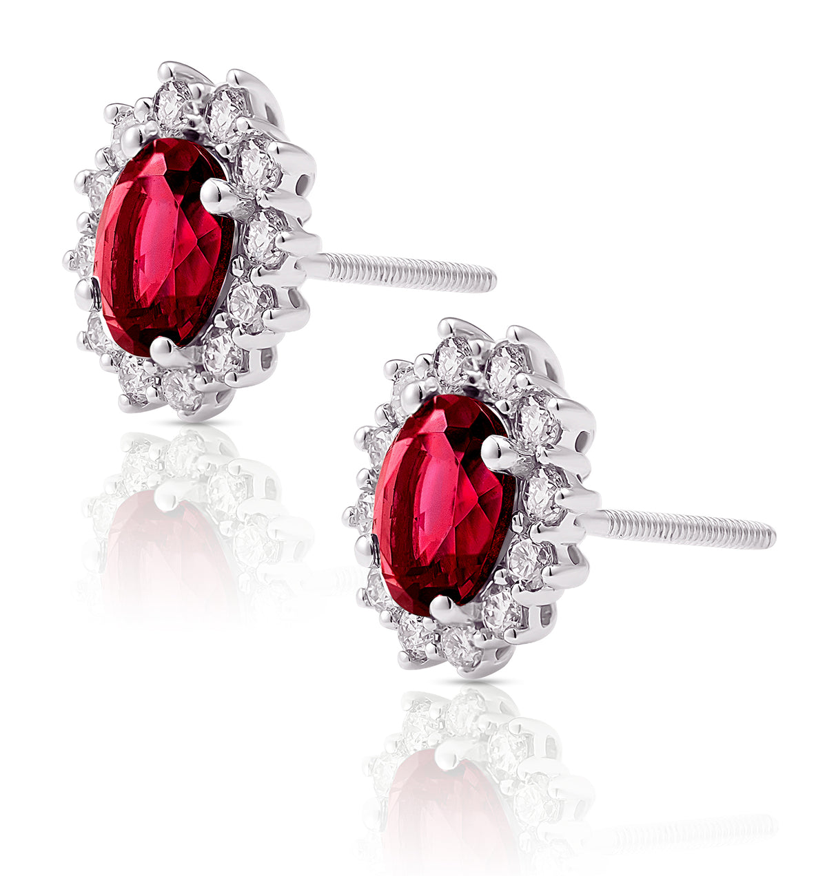 Lab Ruby 7 x 5mm and Lab Diamond Cluster Earrings in 18K White Gold