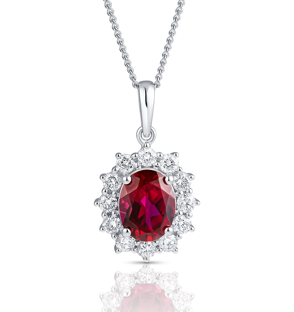 Lab Ruby 9x7mm and Lab Diamond Cluster Necklace Pendant in 18K White Gold