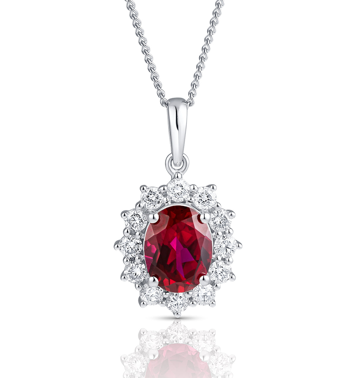 Lab Ruby 9x7mm and Lab Diamond Cluster Necklace Pendant in 18K White Gold