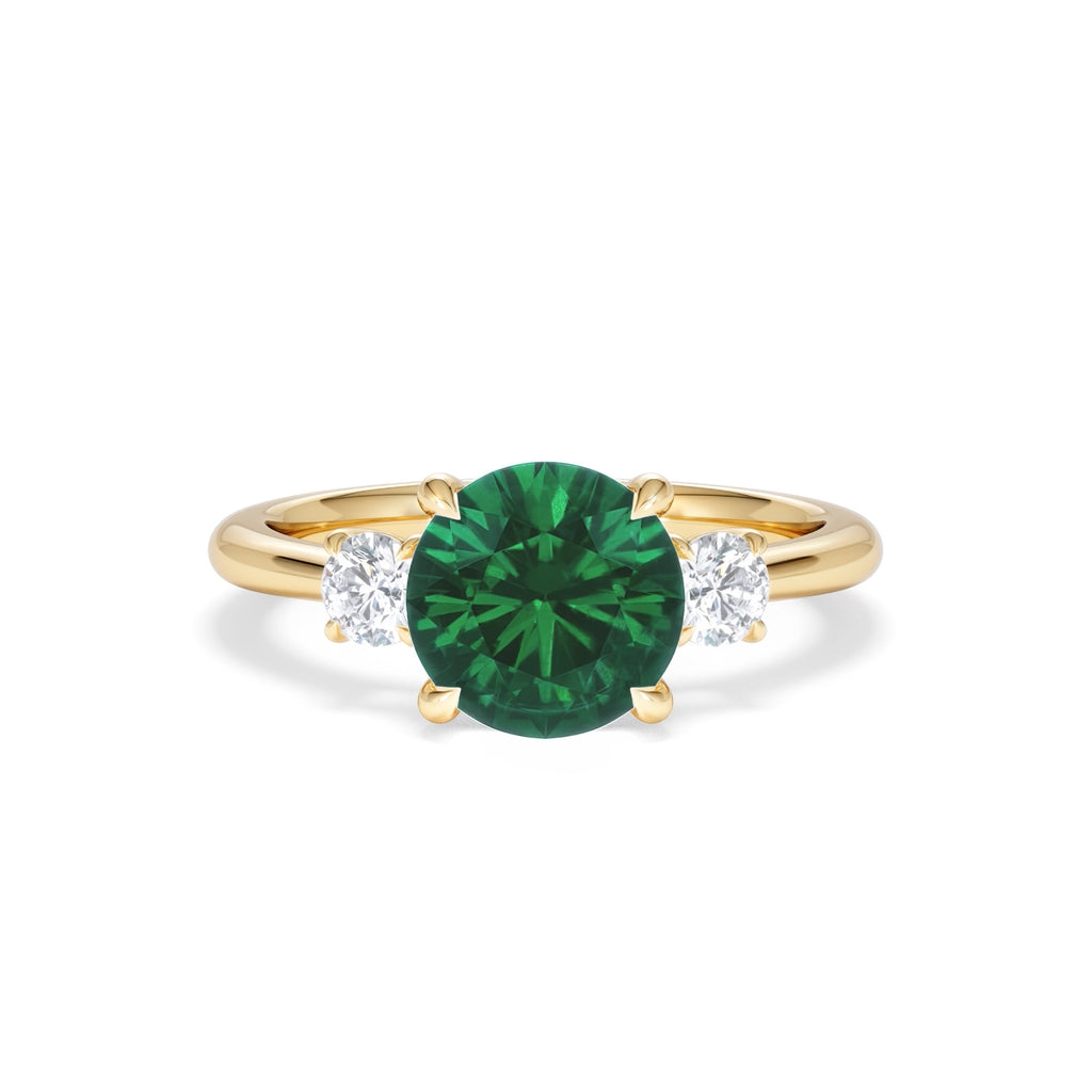Solene 2.00ct Round Cut Lab Emerald and Lab Diamond 3 Stone Engagement Ring in 18K Yellow Gold
