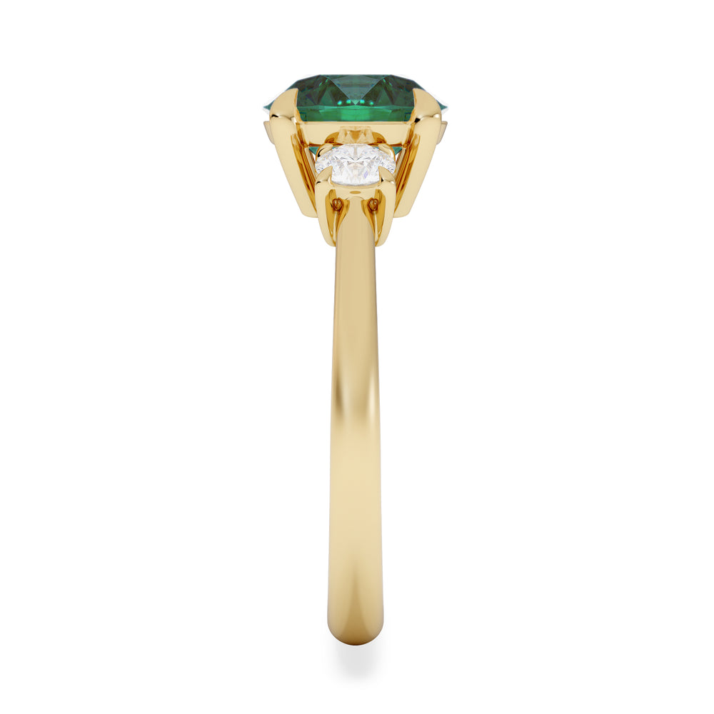 Solene 2.00ct Round Cut Lab Emerald and Lab Diamond 3 Stone Engagement Ring in 18K Yellow Gold