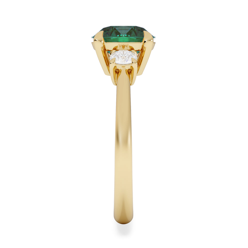Solene 2.00ct Round Cut Lab Emerald and Lab Diamond 3 Stone Engagement Ring in 18K Yellow Gold
