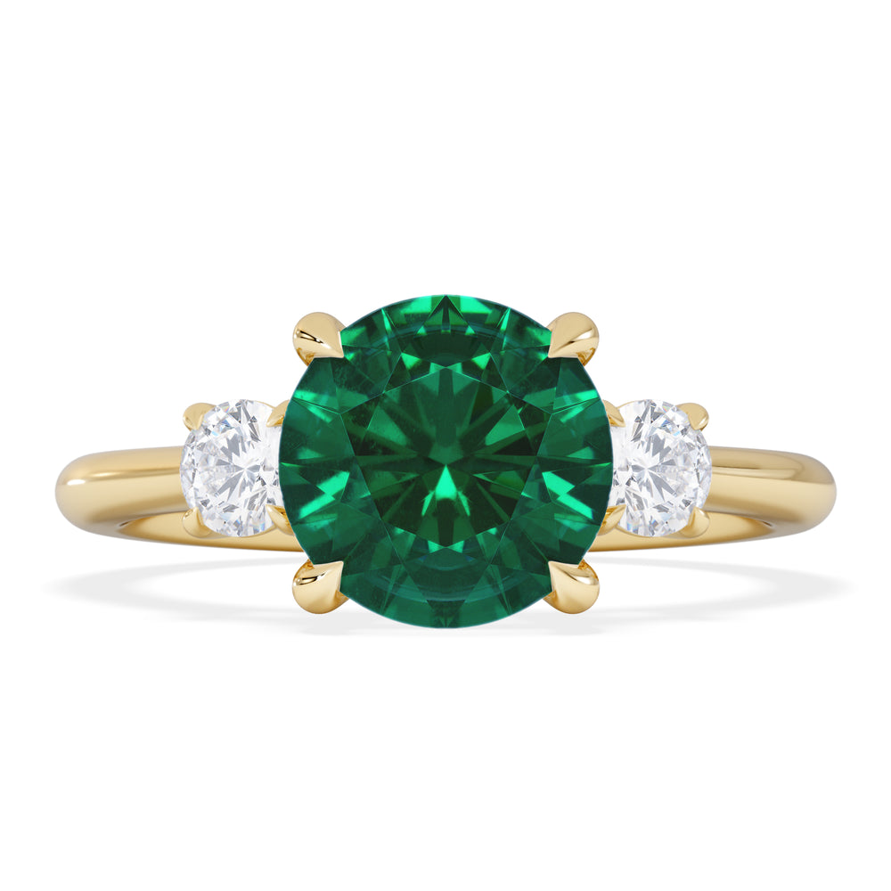 Solene 2.00ct Round Cut Lab Emerald and Lab Diamond 3 Stone Engagement Ring in 18K Yellow Gold