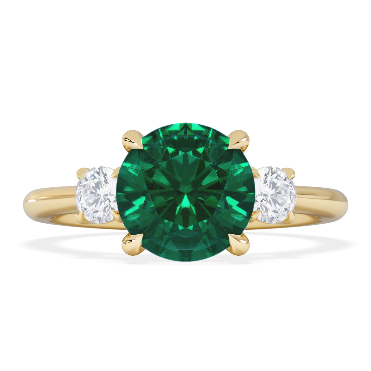 Solene 2.00ct Round Cut Lab Emerald and Lab Diamond 3 Stone Engagement Ring in 18K Yellow Gold