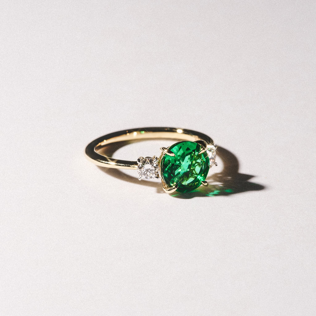 Solene 2.00ct Round Cut Lab Emerald and Lab Diamond 3 Stone Engagement Ring in 18K Yellow Gold