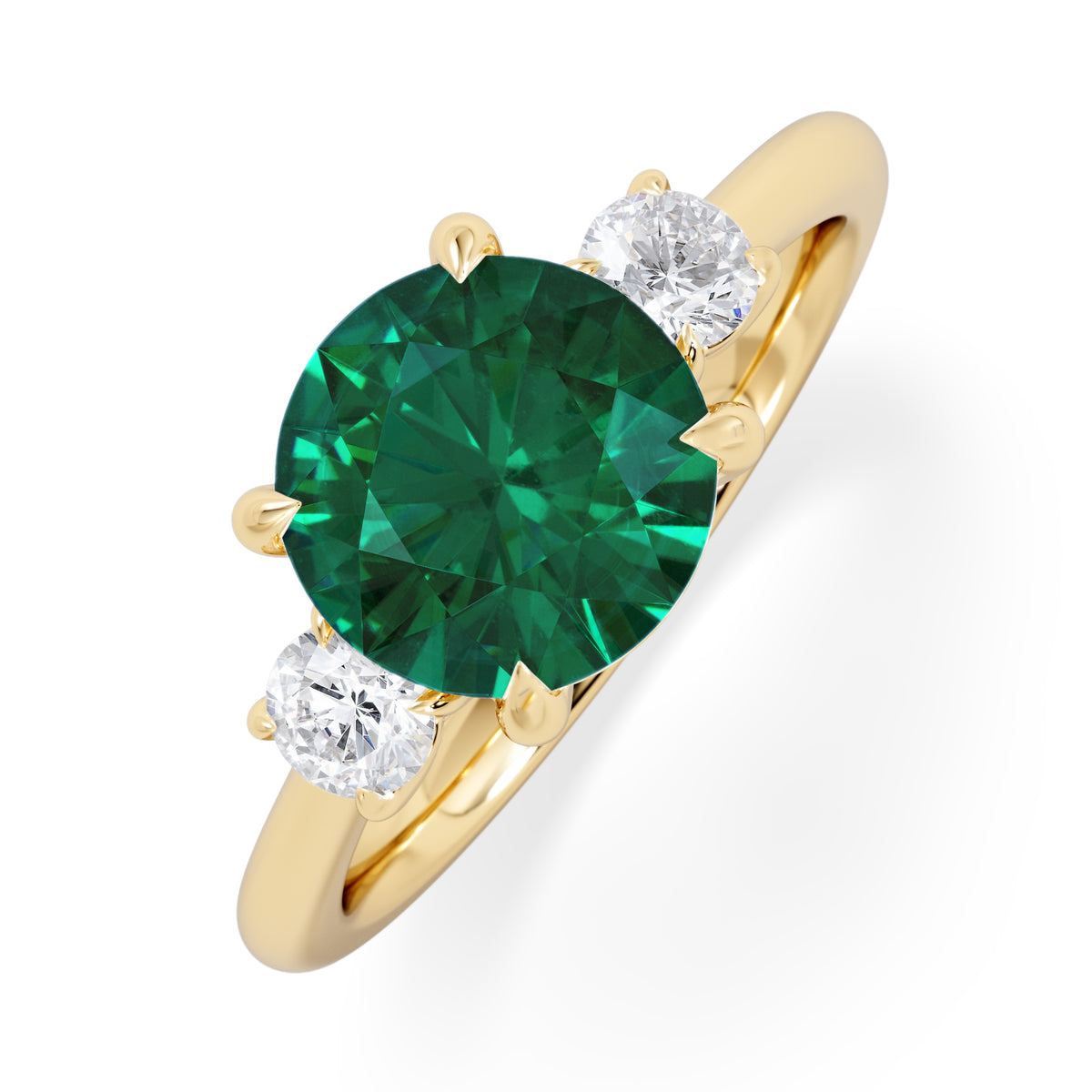 Solene 2.00ct Round Cut Lab Emerald and Lab Diamond 3 Stone Engagement Ring in 18K Yellow Gold