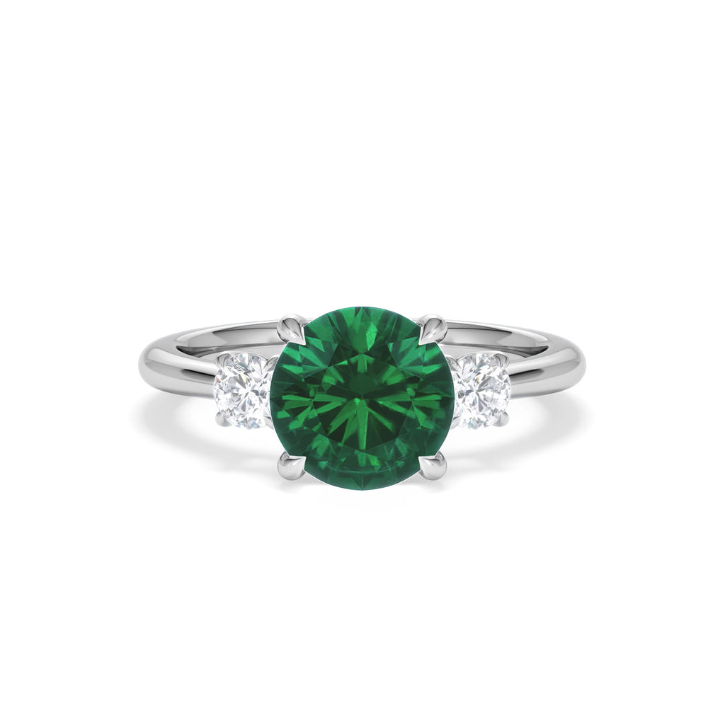 Solene 2.00ct Round Cut Lab Emerald and Lab Diamond 3 Stone Engagement Ring in 18K White Gold