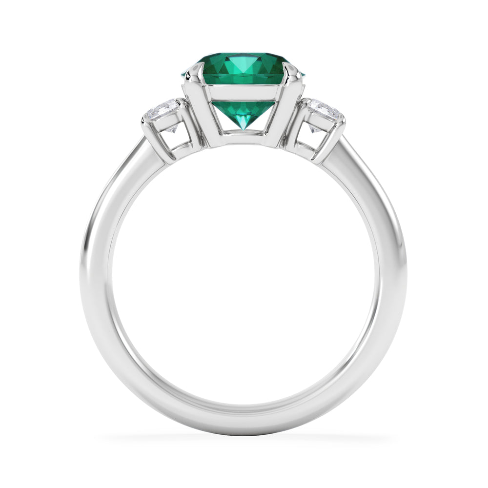Solene 2.00ct Round Cut Lab Emerald and Lab Diamond 3 Stone Engagement Ring in 18K White Gold