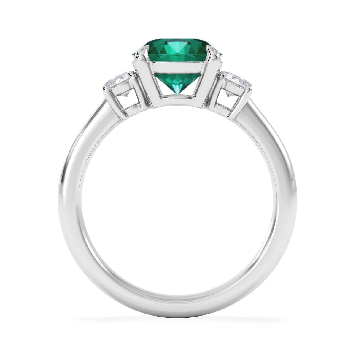 Solene 2.00ct Round Cut Lab Emerald and Lab Diamond 3 Stone Engagement Ring in 18K White Gold