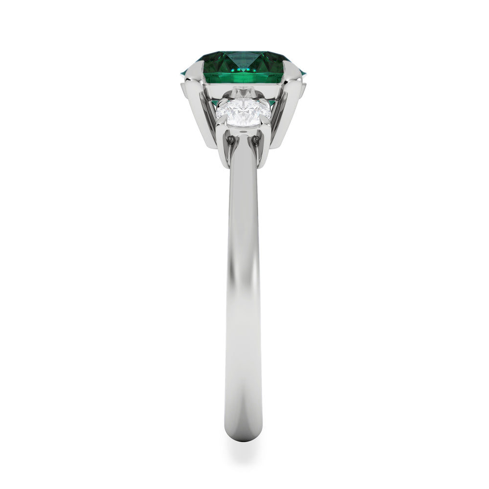 Solene 2.00ct Round Cut Lab Emerald and Lab Diamond 3 Stone Engagement Ring in 18K White Gold