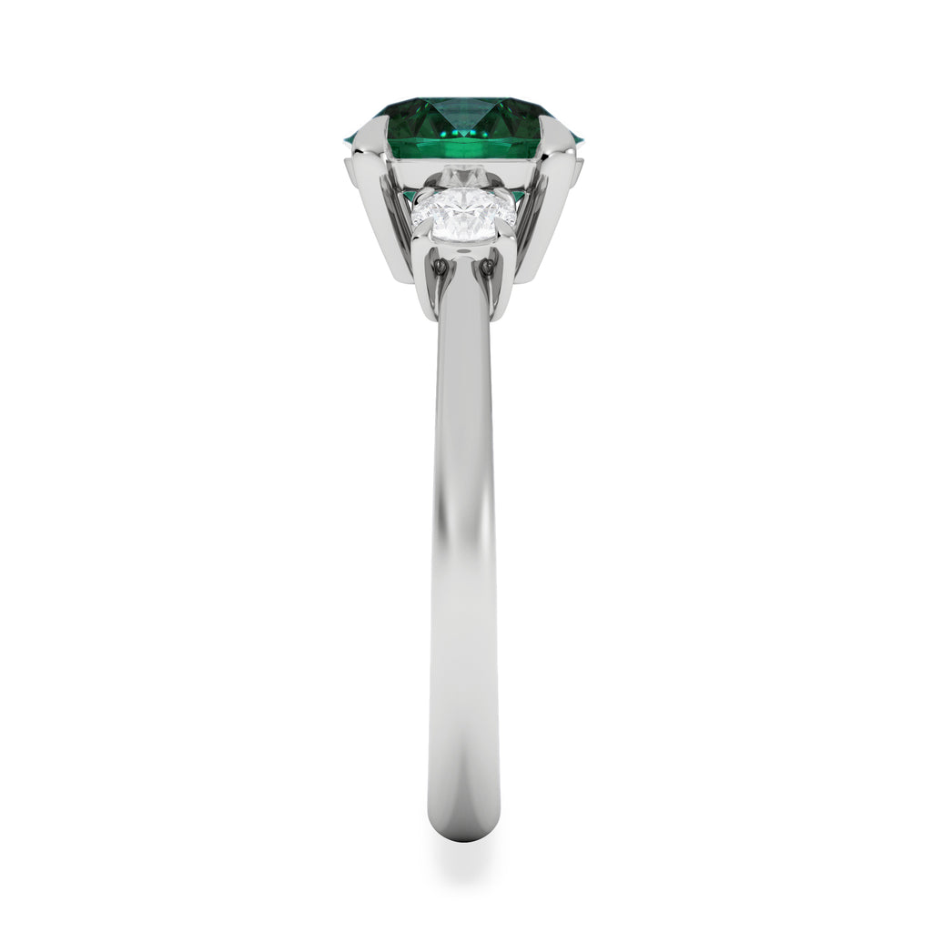 Solene 2.00ct Round Cut Lab Emerald and Lab Diamond 3 Stone Engagement Ring in 18K White Gold