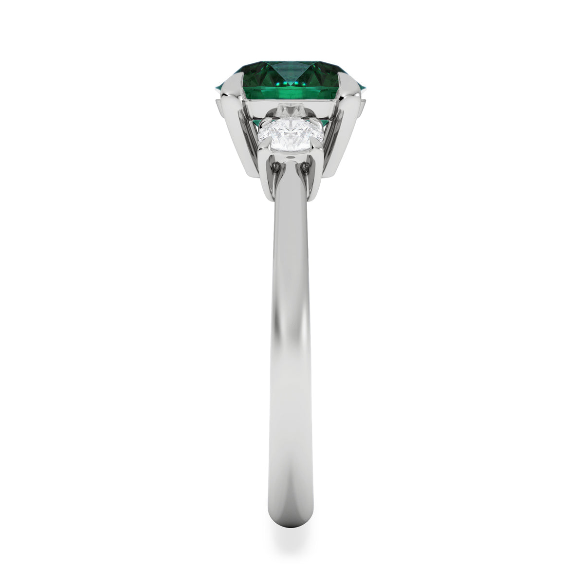 Solene 2.00ct Round Cut Lab Emerald and Lab Diamond 3 Stone Engagement Ring in 18K White Gold