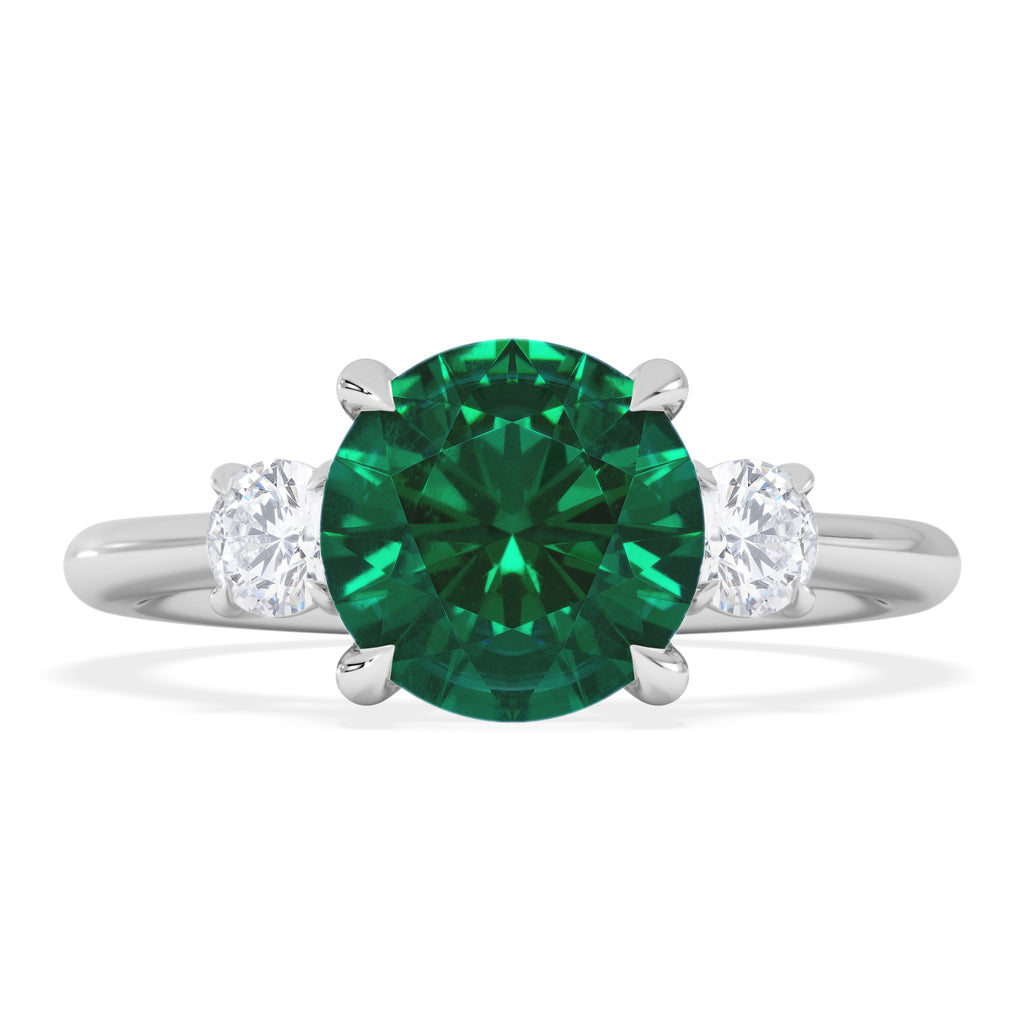 Solene 2.00ct Round Cut Lab Emerald and Lab Diamond 3 Stone Engagement Ring in 18K White Gold